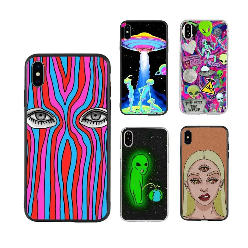 

Aesthetics Cute Cartoon alien space fashion art Phone Case for iPhone X XR Xs Max 13 11Pro 11ProMax 12 12pro max luxury fundas, Black/transparent