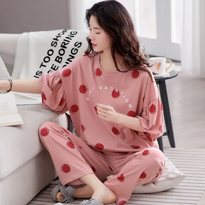 

JULY'S SONG Short Sleeve Women's Sleepwear Spring Autumn Cotton Pajamas Set Casual O Neck Cartoon Printed Female Homewear Pyjama