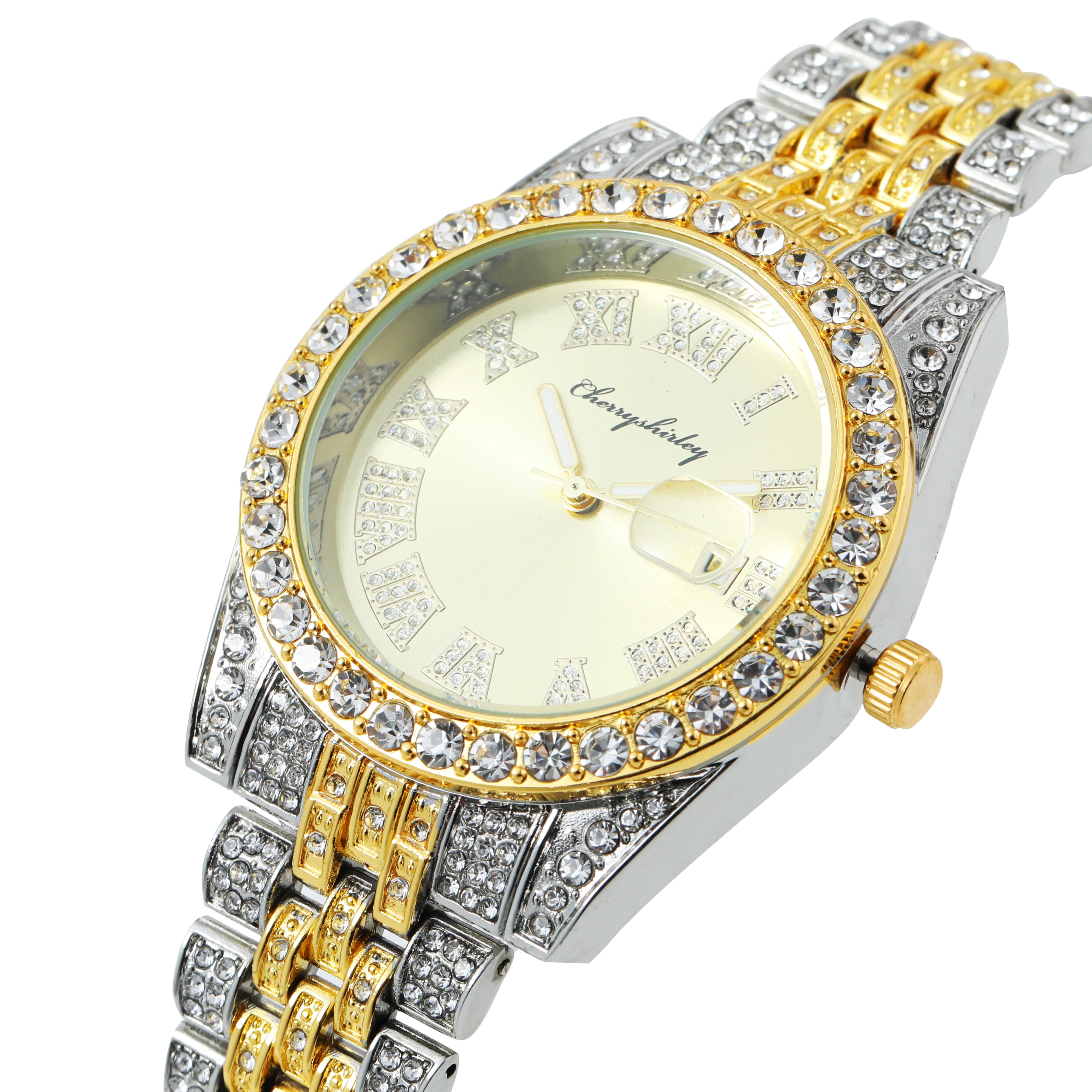 

Stainless steel men's watch large Rhinestone diamond Roman scale calendar Hip Hop Gold Green full diamond quartz watch
