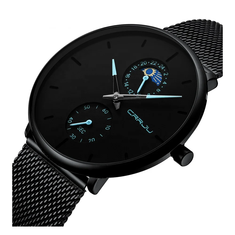 

Luxury Brand CRRJU 2263 B Moon Phase Quartz Cool Watch for Men Analog Business Watch Timepieces