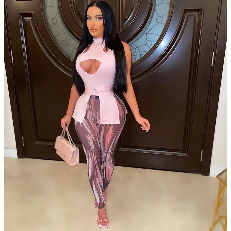 

Multi Color Summer 2022 Women Set Bandage Hollow Sleeveless Slit Vest Print Pants Set