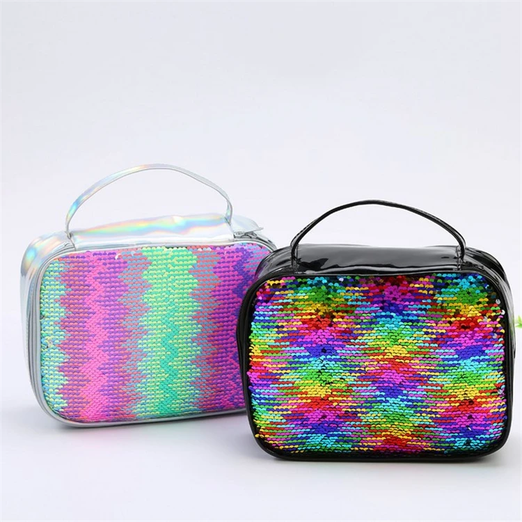 

Glitter Holographic PU Sequins Waterproof Bag School Office Tote Kids Insulated Lunch Bag For Women, Black, sliver