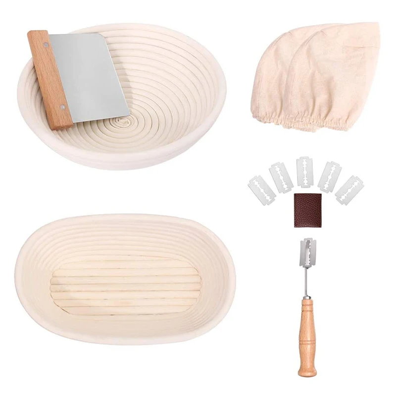 

Best Seller 2020 Home Kitchen Baking 2-piece Set  Round 9.6 Inch Oval Banneton Bread Proofing Basket with Accessories, Natural color