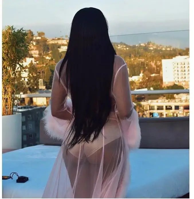 

European and American large size temptation sexy lingerie sexy mesh see-through furry bathrobe long nightdress