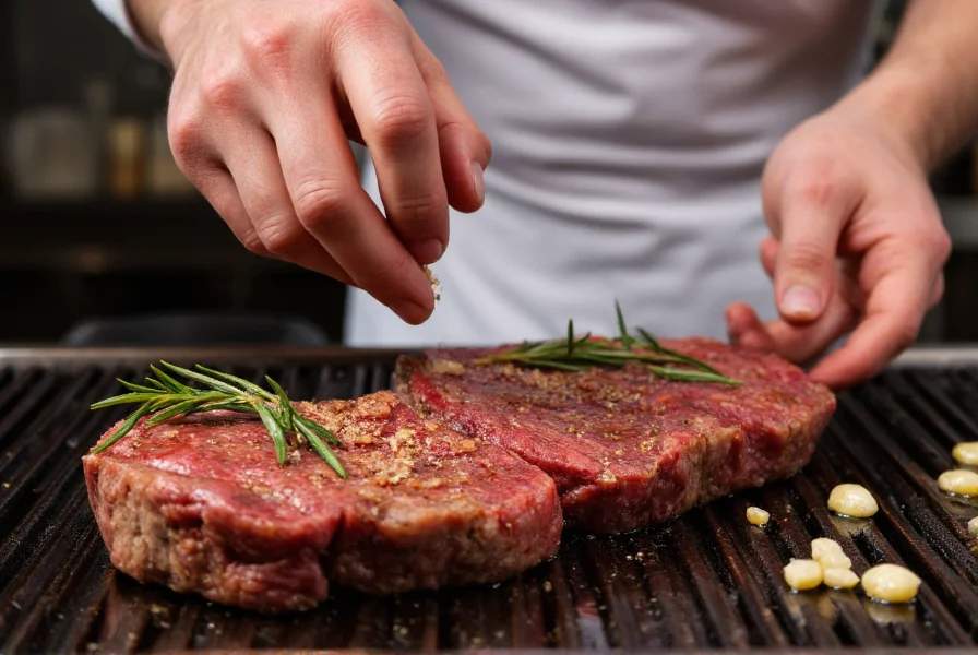 Chef's hands seasoning a thick-cut steak with fresh rosemary and garlic before grilling