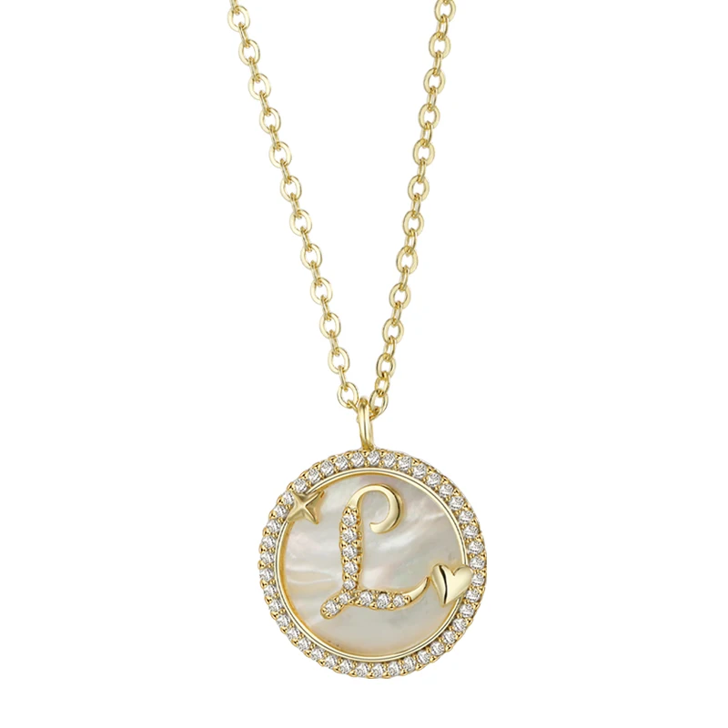 

Gold initial shell diamond pendant necklace mother of pearl necklace, Red, clear