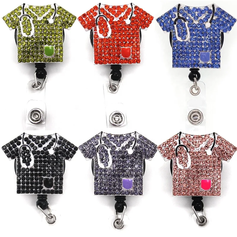 

Mixed Color Medical Scrub Uniform Stethoscope Bling Rhinestone Retractable ID Badge Holder For Nurse Accessories, As picture