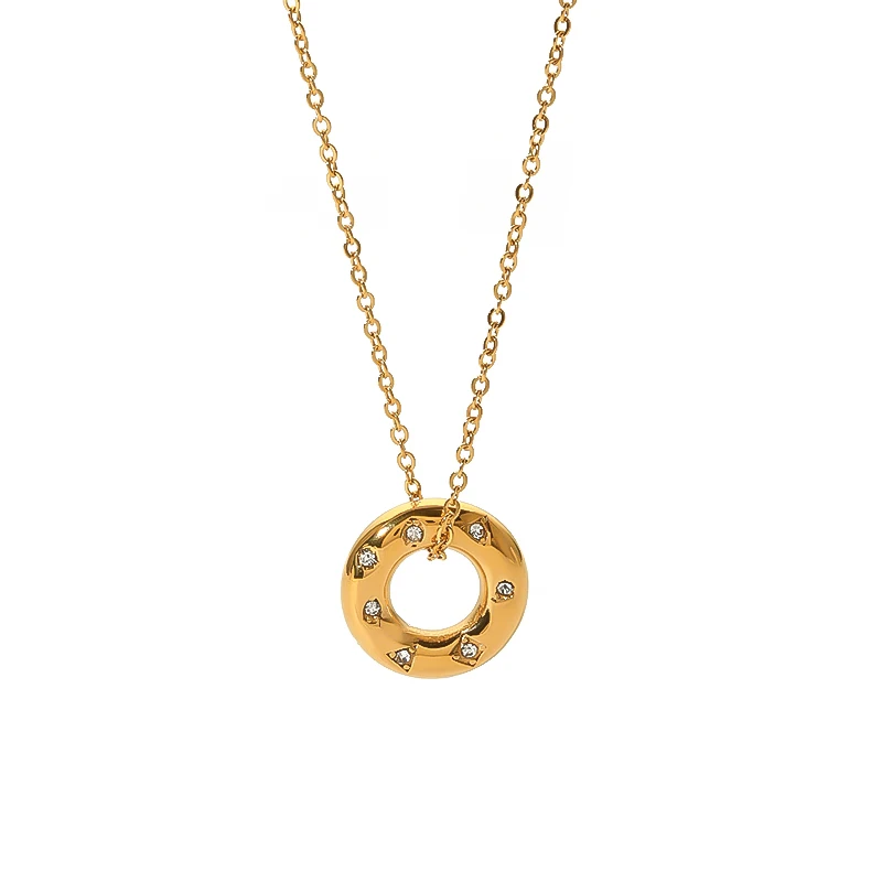 

Vintage Stainless Steel 18k Real Gold Plated Liberty Donut Circle Ring Pendant Necklace Cubic Zirconia