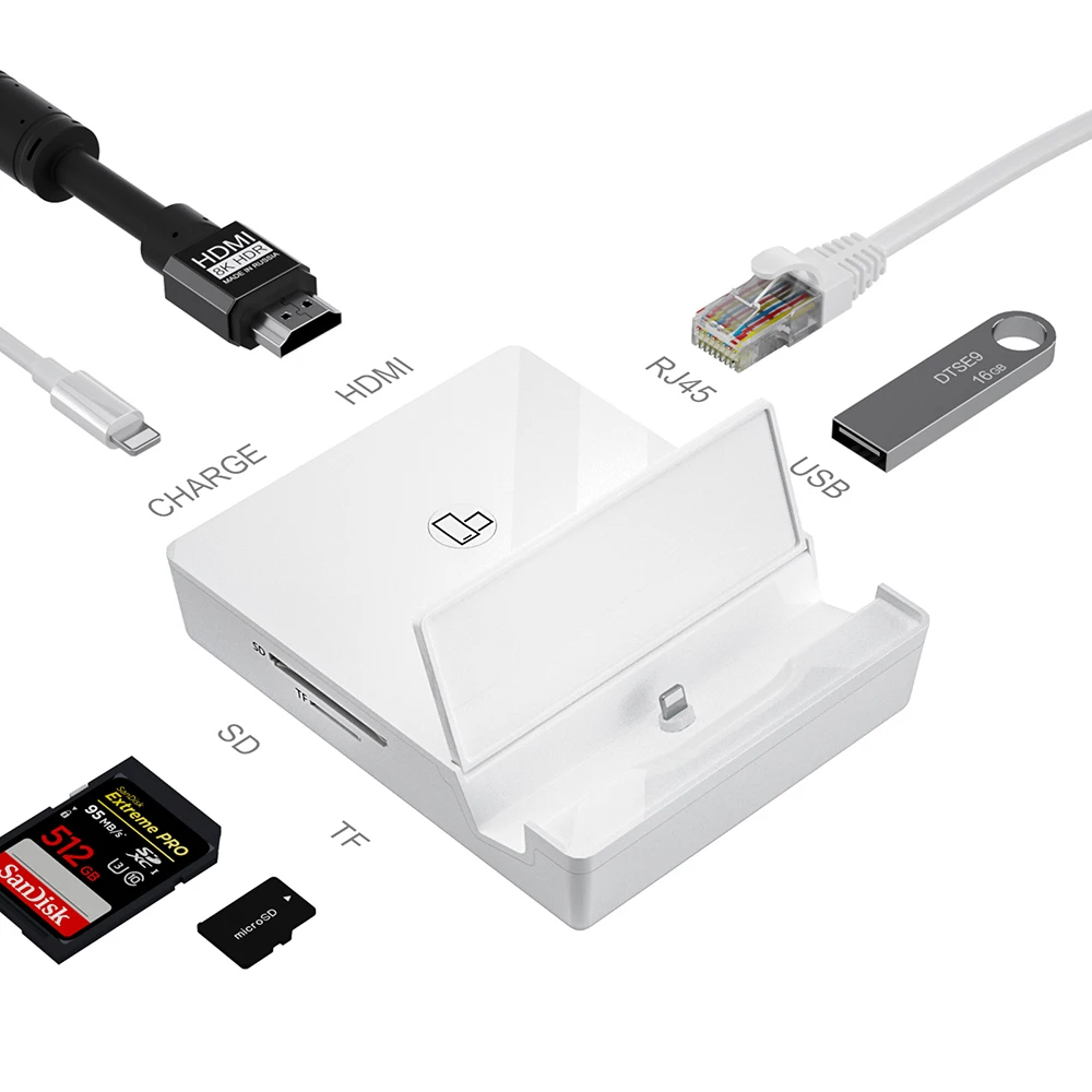 

Lighting To OTG Card Reader Docking Station Adaptor USB Rj45 Ethernet Connector HDMI-Compatible 4K Digital AV Adapter for iPhone, White