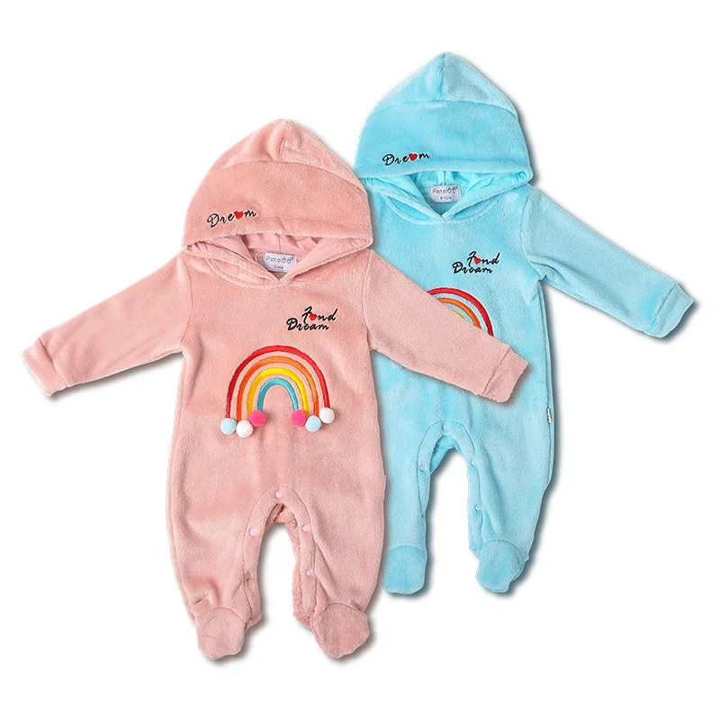 

Colorful Rainbow Fleece Pom Pom Hooded Snap Button Fancy Plus Size Sleepwear For Baby, Blue & pink