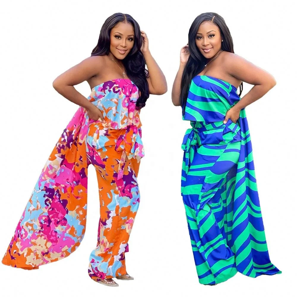 

RM8924 New Arrivals Jumpsuit Summer Colorful Print Wrap-Chest Cloak Wide-Leg Trending Jumpsuits For Women, 2 colors