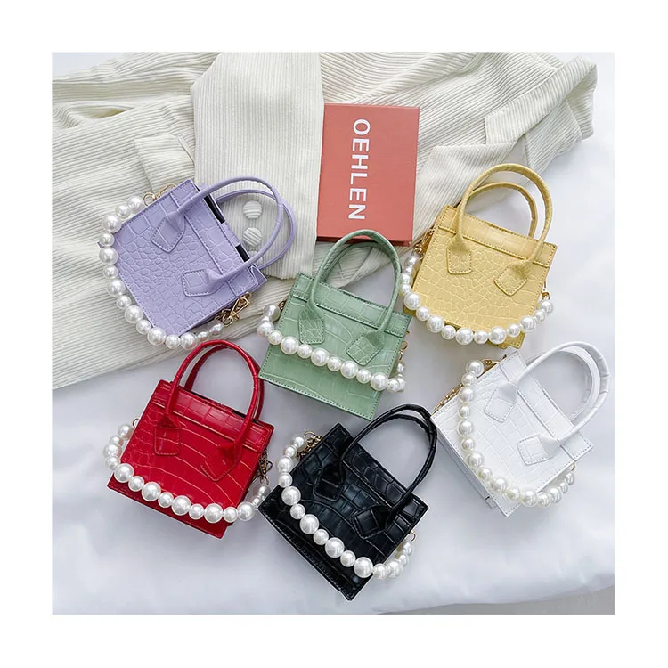 

2021 Fashion Women Small Square Bags Mini Pearl Chain Crossbody Bags Luxury Crocodile Pattern Kids Mini Handbags and Pursers sac