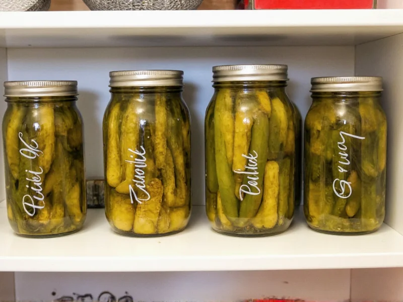 Organized pantry with labeled homemade pickle jars