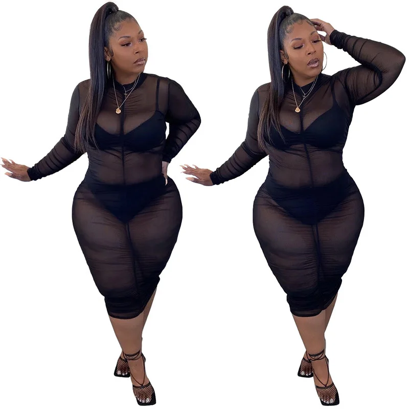 

Dropshipping Amazon Hot Sale Stretchy Knitting 5xl Black See Through Club Sexy Mesh Dress Sexy Woman's Plus Size Summer Dress