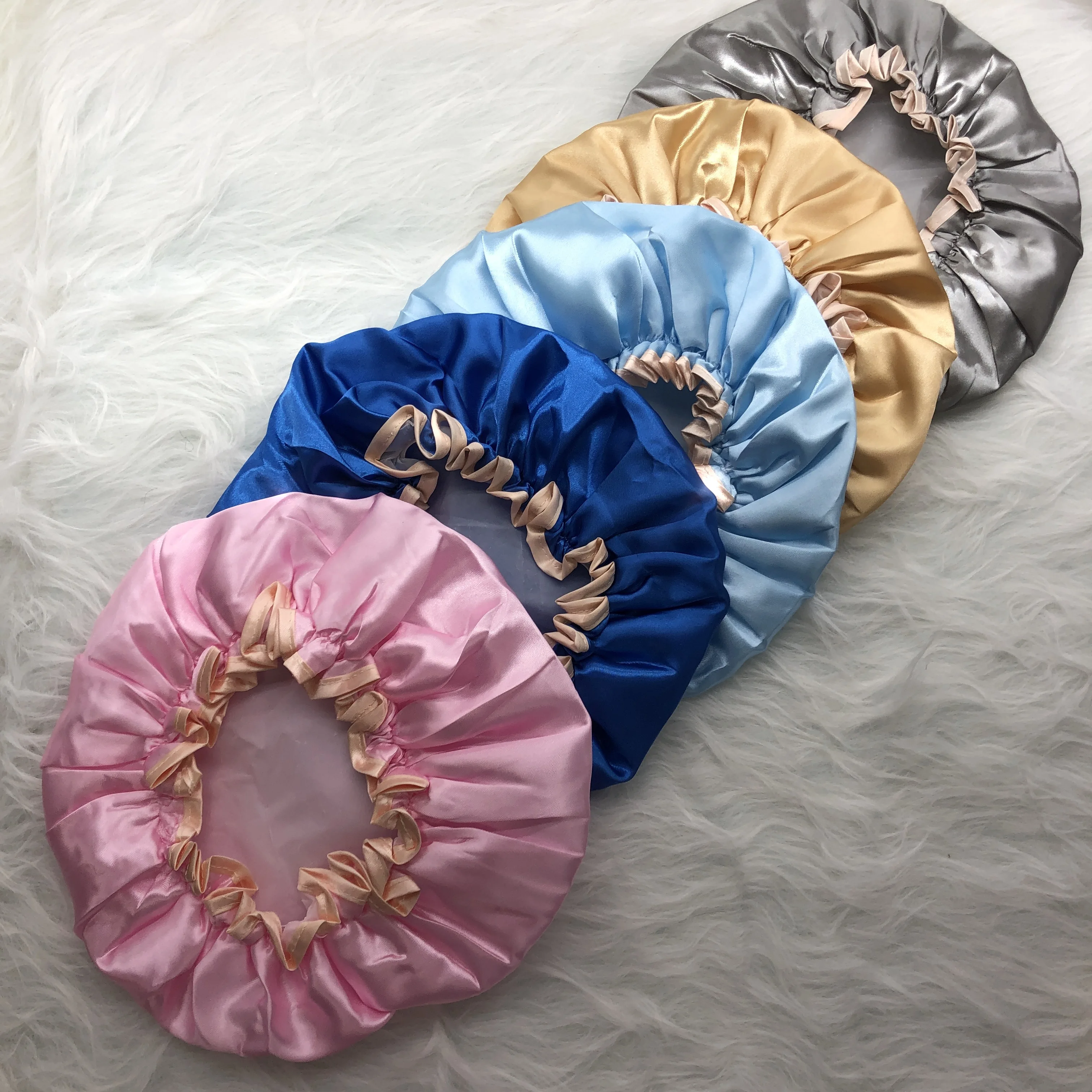 

Manufacturer Bath Accessories Women Bath Cap Satin Reusable Custom Waterproof Shower Cap with Elastic