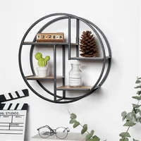 

Round Metal Home Decor Wrought Iron Storage Wall Shelf with Rustic Wood for Living Room