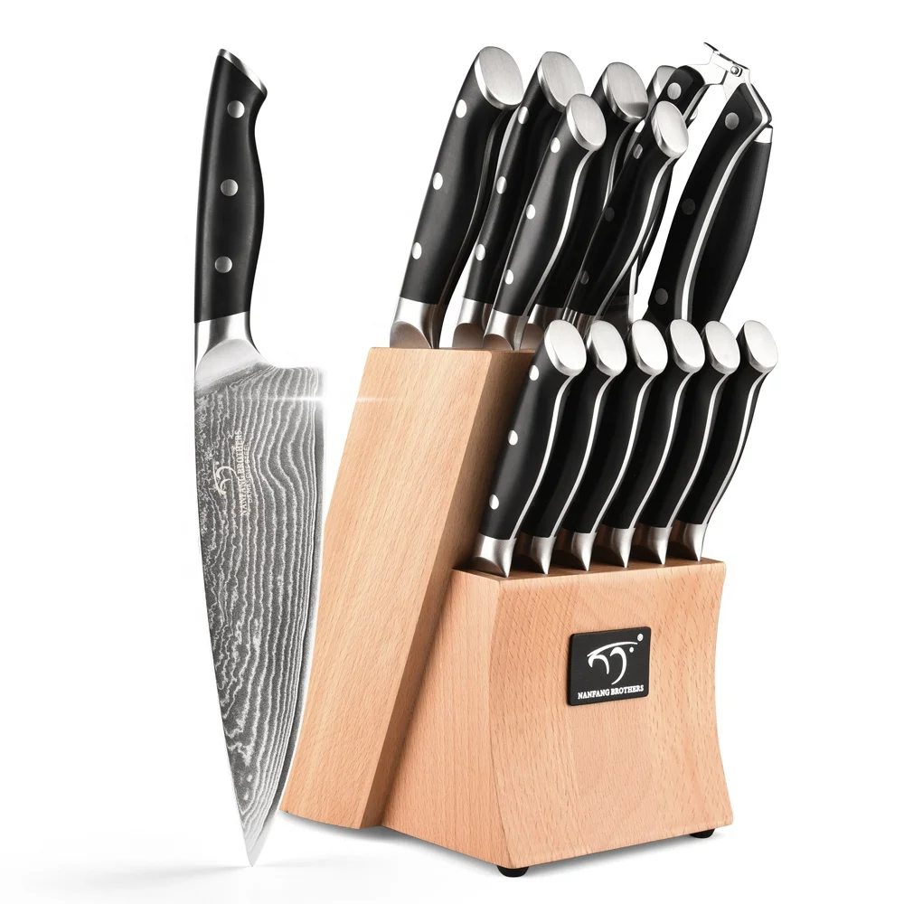 

15 Pieces Professional Damascus Knife Sets Chef Steak knife Kitchen with Peach Wood Block