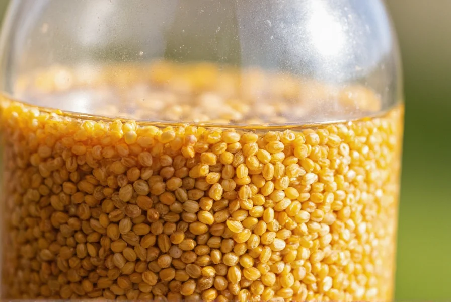 Close-up of golden cumin seeds soaking in clear glass jar of water with sunlight filtering through