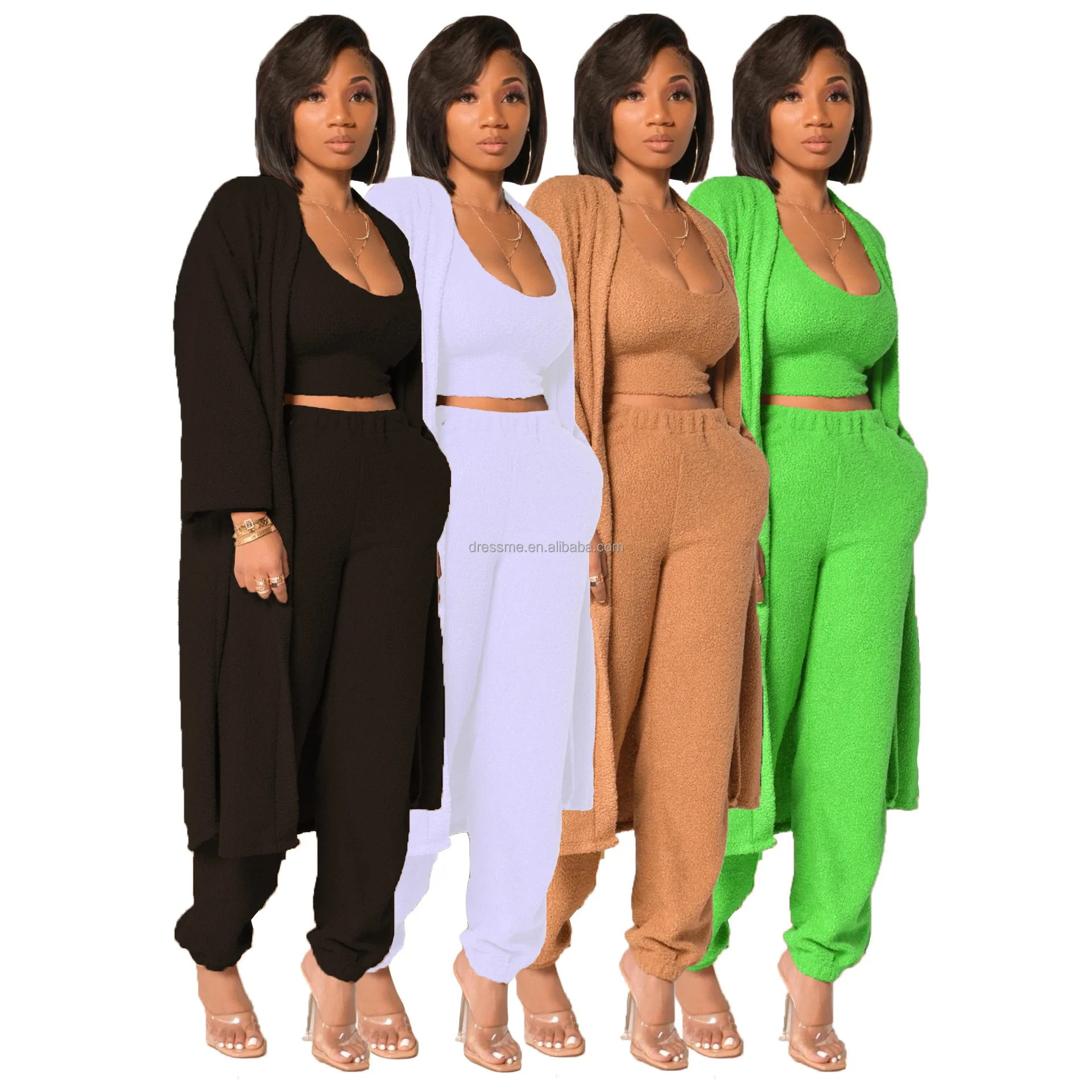 

2022 Fall Winter Clothing Long Sleeve Cotton Cardigan Matching Crop Top Lounge Wear 3 pc Fuzzy Sets Women Three Piece Pants Set