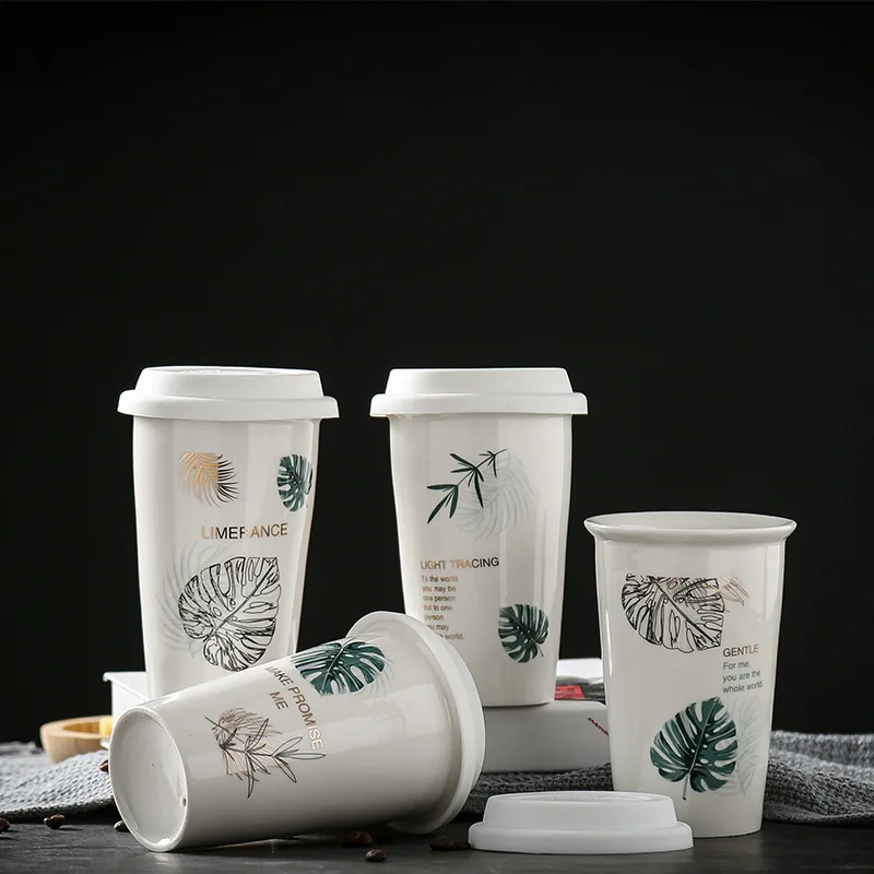 

Take Away Porcelain Thermal Coffee Mugs with Printed Logo Water Mug Double Wall Coffee Cup Ceramic Travel Mug with Silicone Lid, Any pms colour is accepted