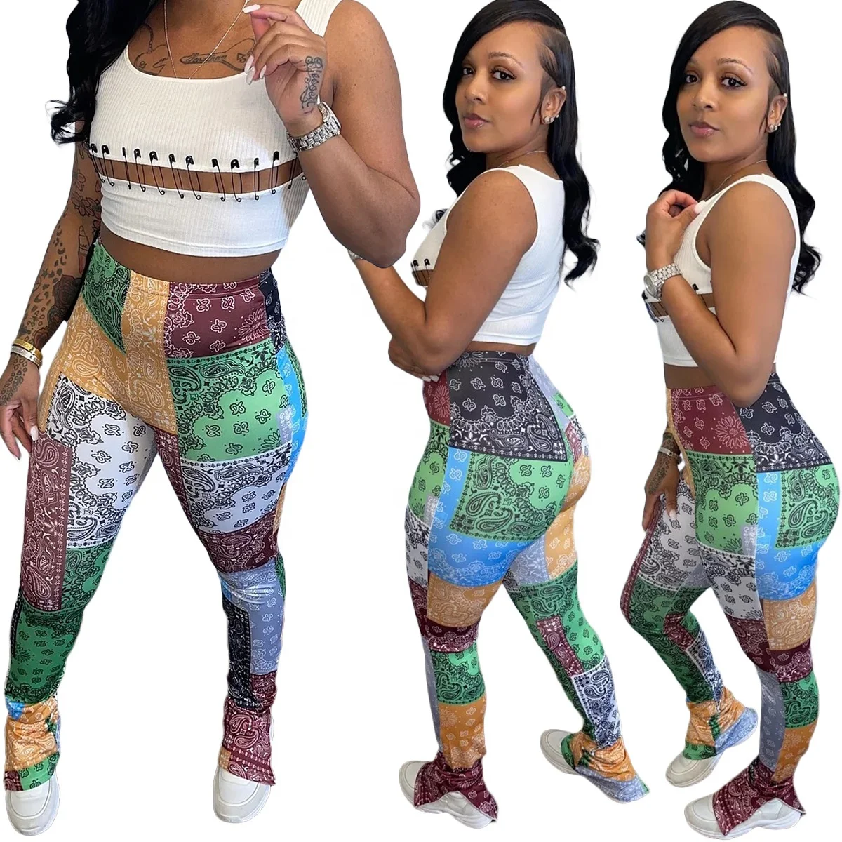 

KX-L232 New fashion patchwork print stacked pencil pants 2021 women's trousers & pants with split