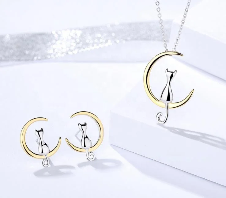 

Plated 24K Gold Jewelry Women Lovely Necklace Earring 925 Sterling Silver Moon Cat Jewelry Set