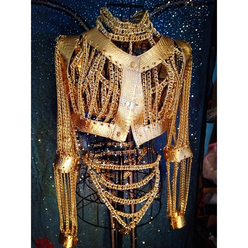 

Sexy Gold Chains Costume Outfit Stage Performance bar Nightclub show Bra Chains Short coat party girl rave wear