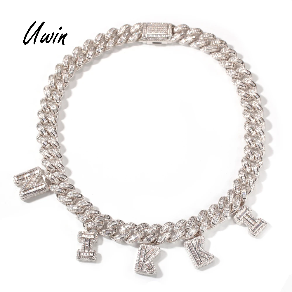 

UWIN Iced Out Baguette Charm Baguette CZ Cuban Chain DIY Name Necklace Bracelet Personalize Rapper Jewelry, Gold, silvery