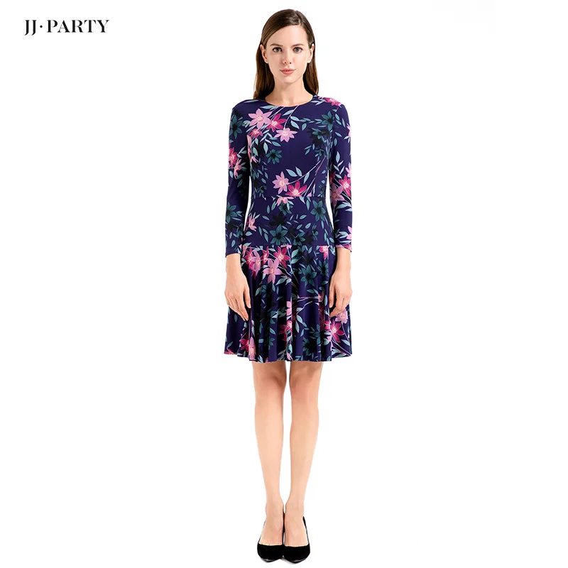 

D027 woman fall dress elegant flower printing long sleeve casual dresses