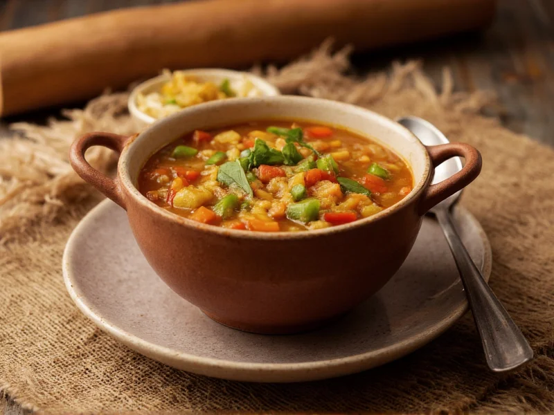 Old fashioned vegetable soup in ceramic bowl