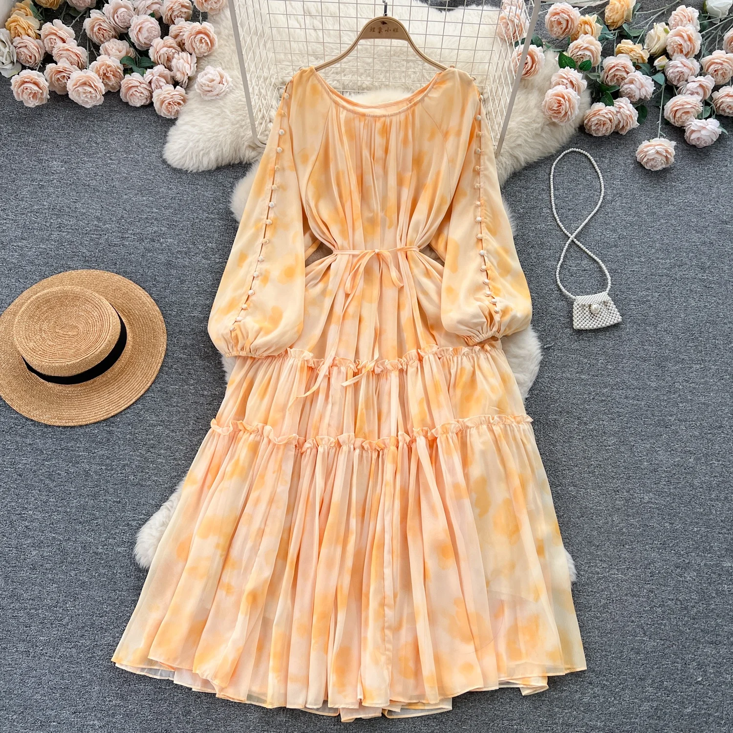 

Fall Long Sleeve Lantern Sleeve Printed Chiffon Dress Long Dress