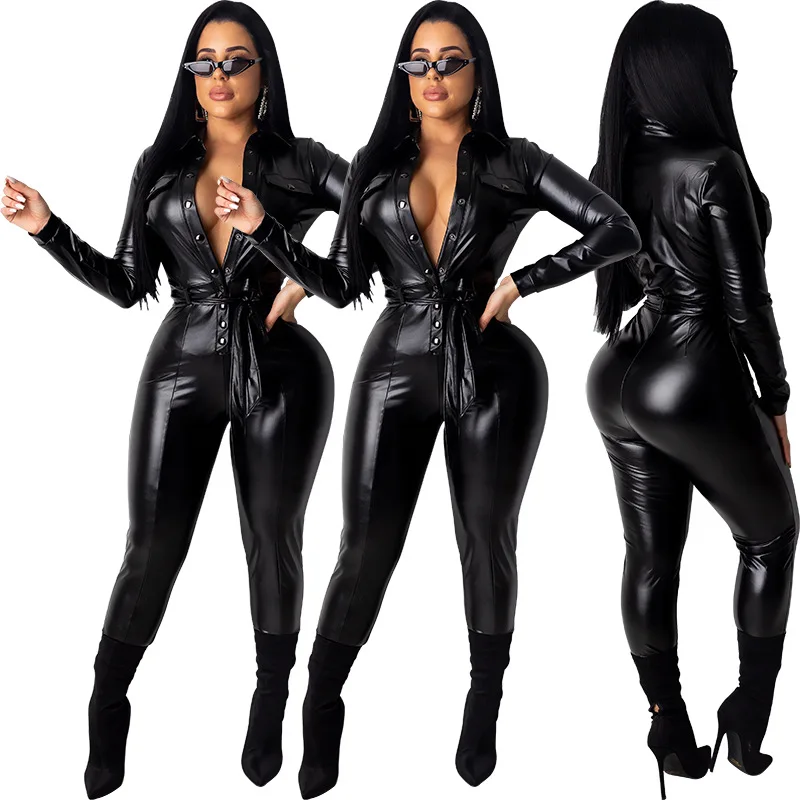 

2021 Sexy Shirt Collar Tight Belt Jumpsuit Women Leather Pant Buckle Jumpsuit, Black