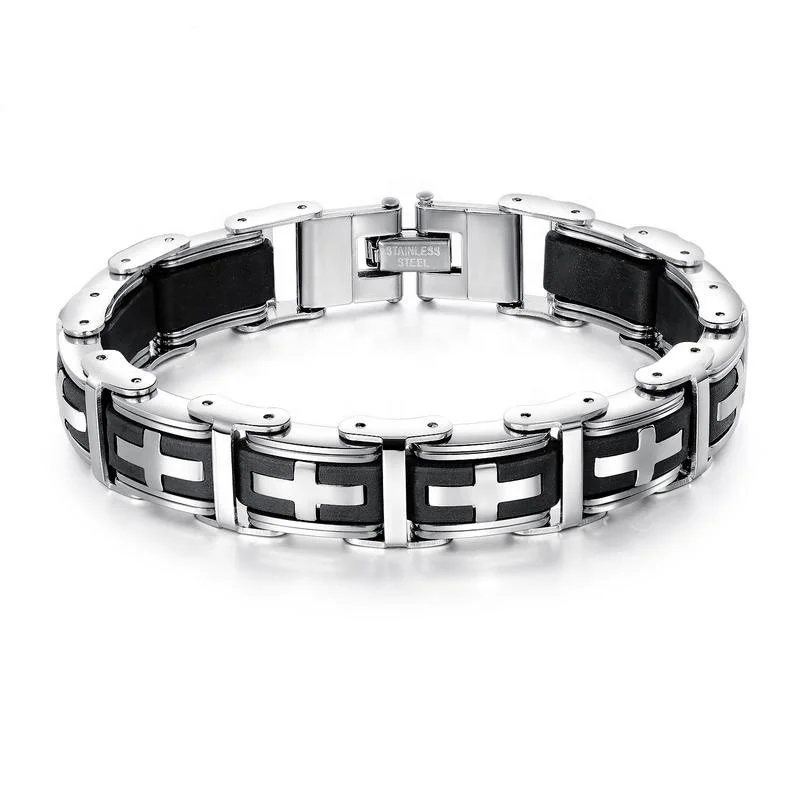 

High Quality Stainless Steel Jewelry Men Cross Silica Gel Bracelet, White