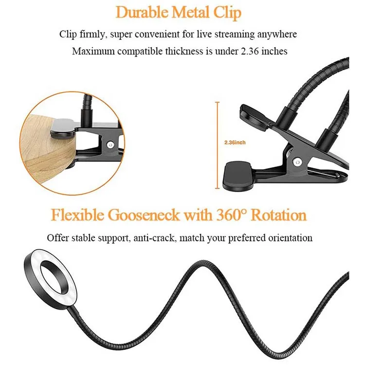 
Selfie Ring Light 10-Level Brightness 3-Mode Flexible Arm Light with Portable Holder and Remote Control Bluetooth Live Stream 