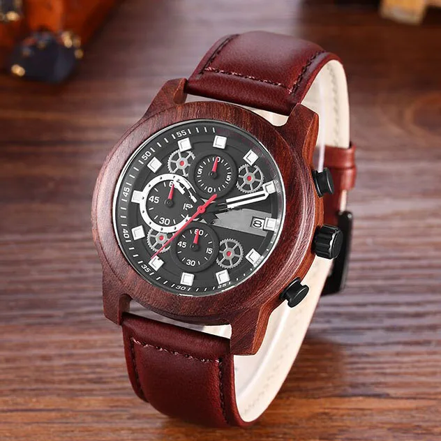 

Leather strap chronograph wood watches for men reloj gear design auto date fuctom wristwatch