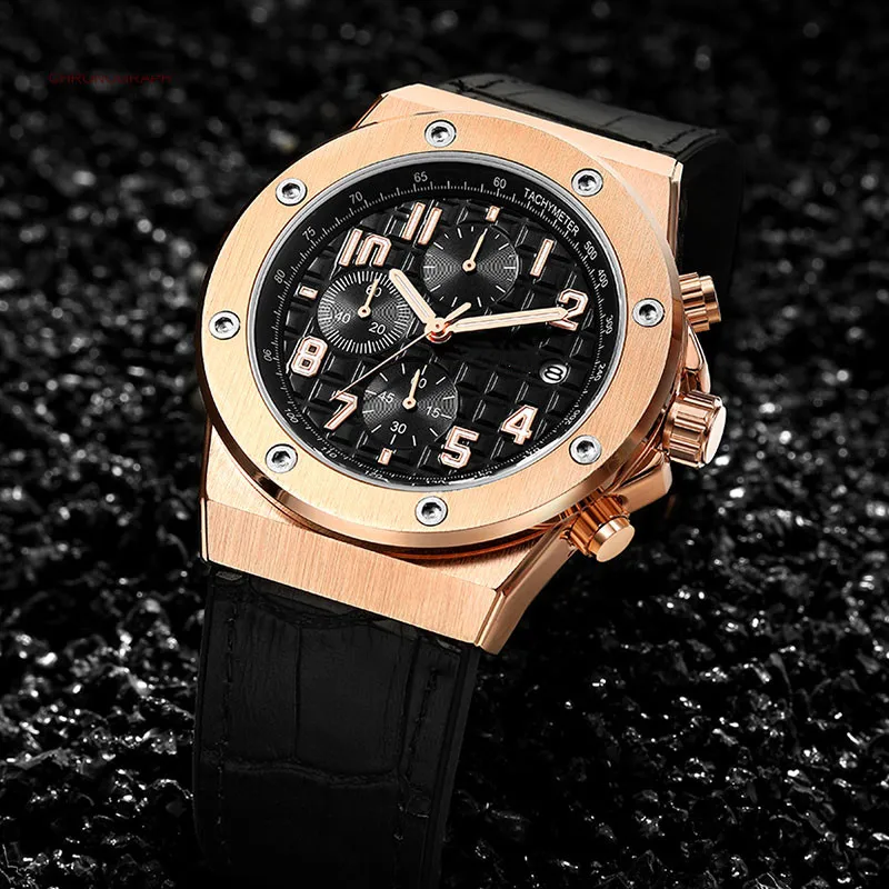 

High Quality Big Face Mens Watches Luxury OEM Watch Waterproof Chronograph Wristwatches Leather Strap Clock Timepieces