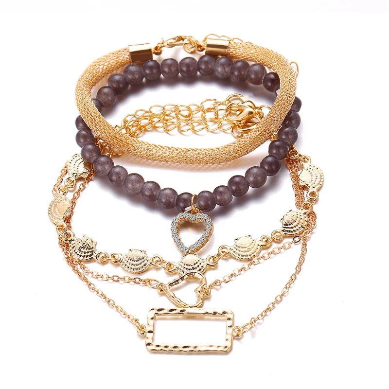 

Popular Boho Gold Chain and Stranded Beaded Bracelets Sets Shell Hollow Heart Charm Bracelets for Girls
