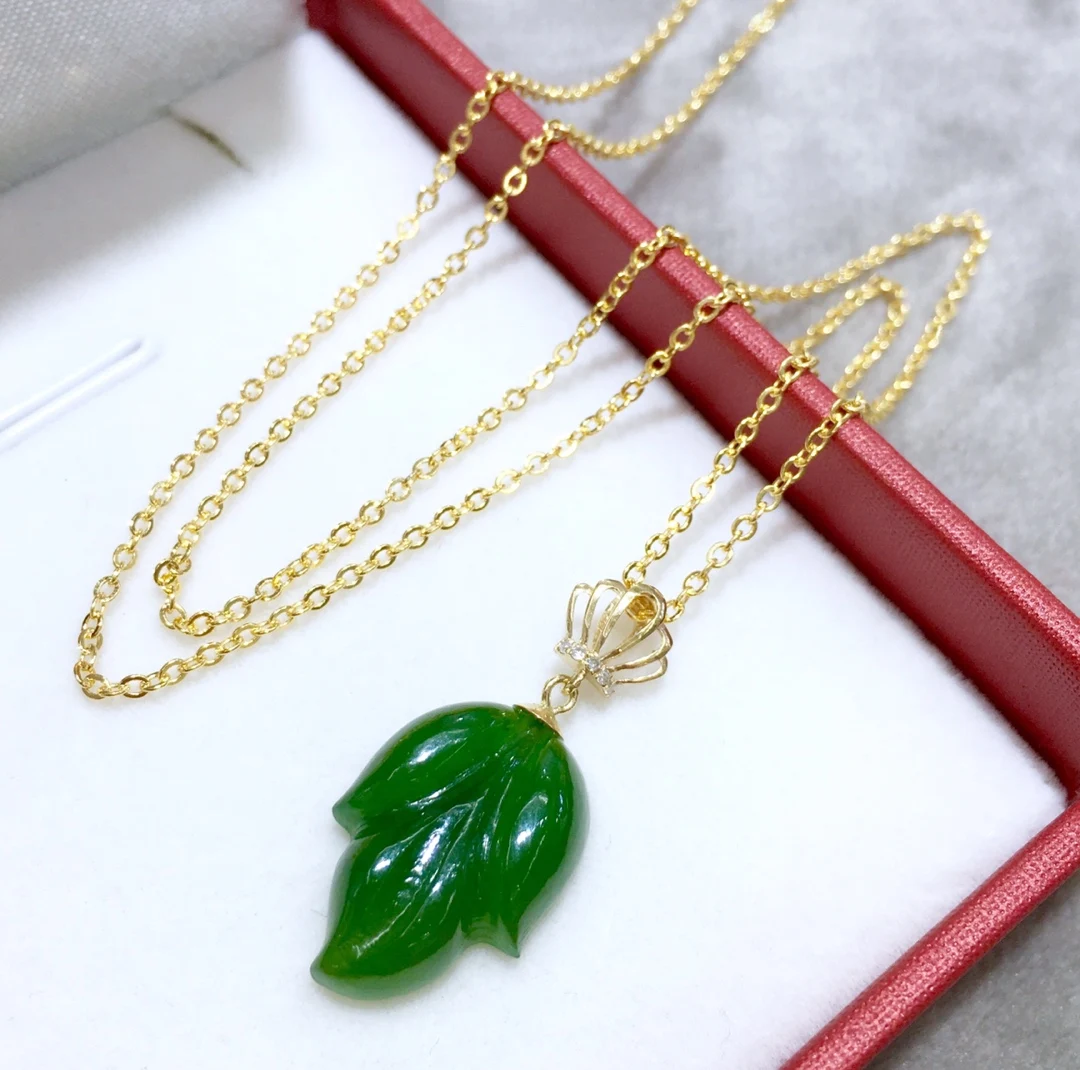 

handmade engraved jade leaf gemstone pendant 18carat yellow gold necklace green amulet jadeite gift for woman / her