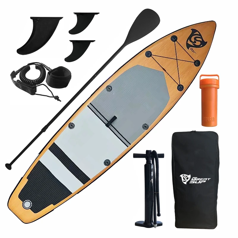 

Hot Sales Wood Style Surfing Water Play Equipment SUP Board Drop Stitch Surfing Paddle Board, Wood customized color