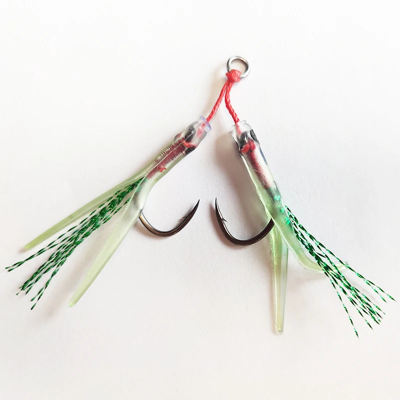 

Hot Sale Double Hook High Carbon Steel Anti Corrosion Hard Jigging BKK Hook Fishing Assist Hooks, Black hook with red/green skirt