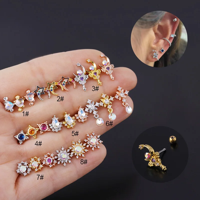 

Colorful Zircon Studs Earrings Screw Back Stud Ear Piercing Jewelry Crystal Sunflower Moon Stud Earrings