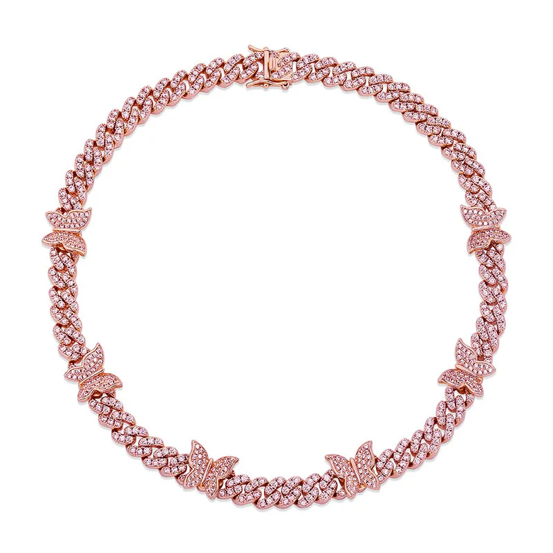 

Dropship Women Iced Out Diamond Silver Pink Colorful Gold Plated Butterfly Cuban Link Chain Choker Butterfly Cuban Link Necklace
