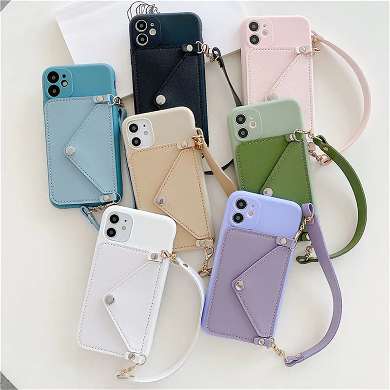 

Luxury Card Holder Shell Cover Lanyard Cross Body Wallet Cell Phone Case For Coque iPhone 14 13 7 8 Pro Max Mini With Hand Strap