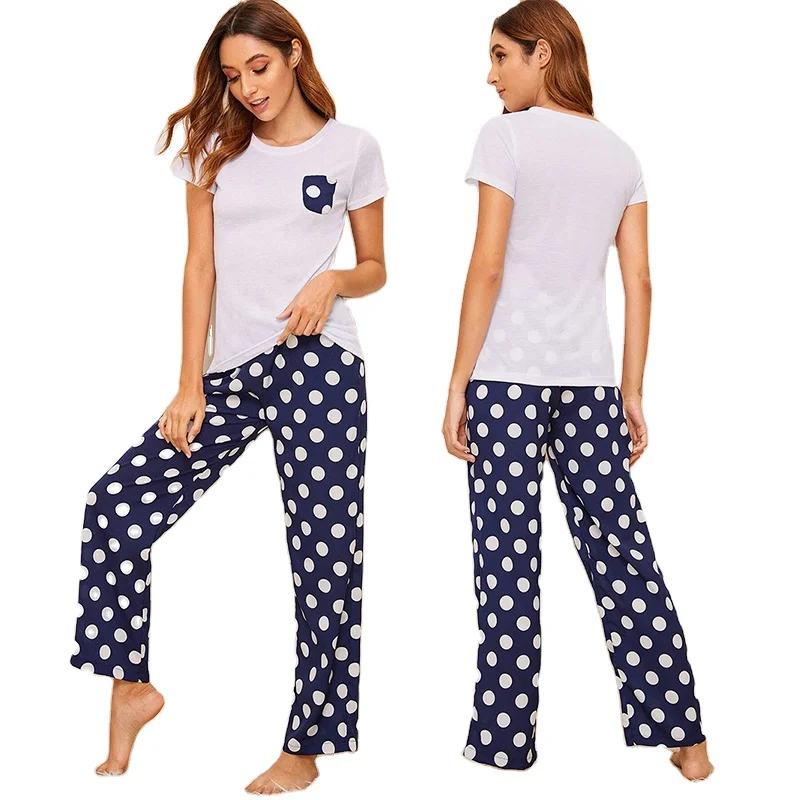 

New design women round neck polk dot print pajamas set with short sleeves causal home wear