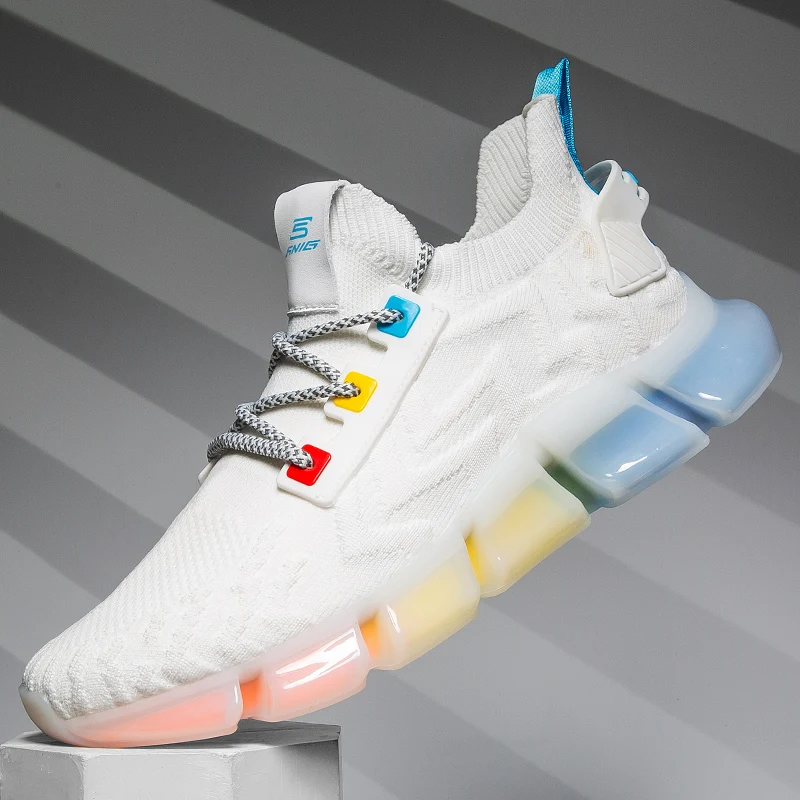 

2021 Brand Logo Breathable sock boots Summer Knitted Luxury Sports Shoes Chunky Sneakers Rainbow Trend Running Shoes For Men, White,black