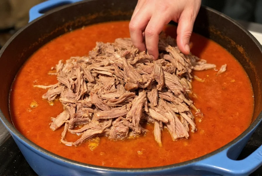 Shredded smoked brisket being added to rich red chili base in cast iron pot