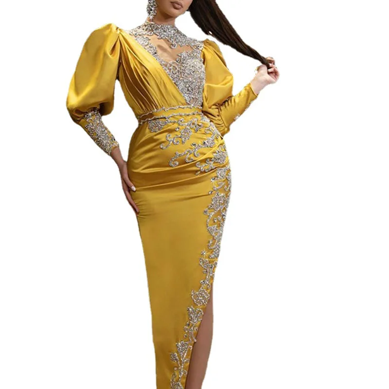 

Hot sale high-end new sexy tail and big swing slim long-sleeved banquet evening dress, Golden