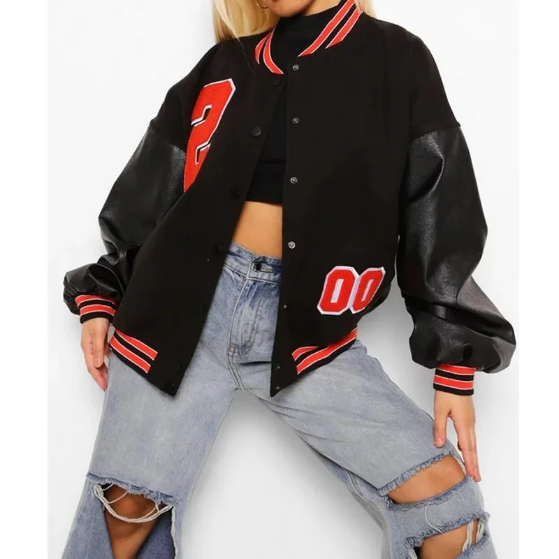 

2021 Winter Leather sleeve Fashion letterman varsity jacket for women