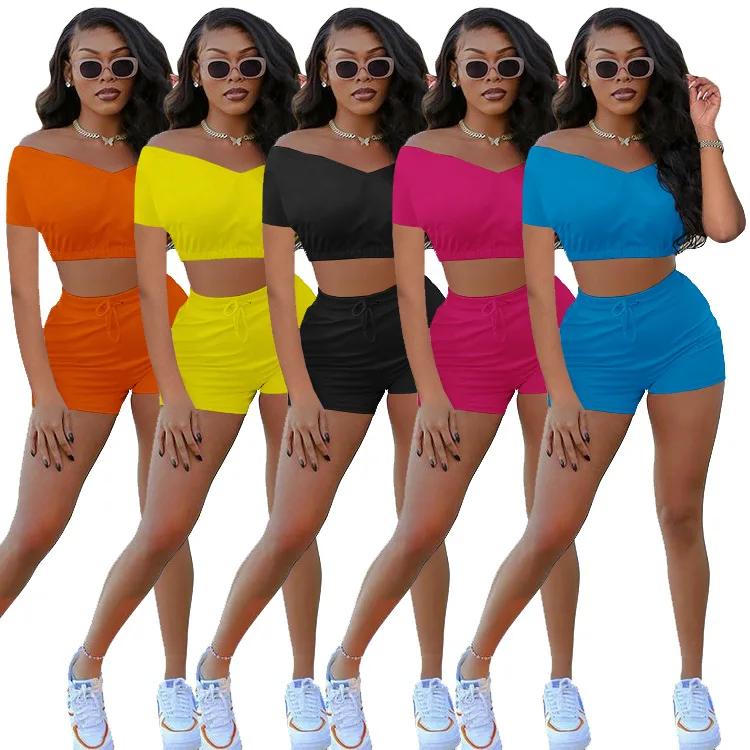 

2021 Wholesale Outfits Casual Trendy 5colors Tracksuit Sexy Crop Top Off Shoulder 2 Two Piece Short Set Summer Women Clothing