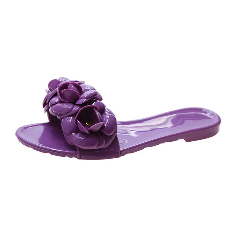 

2021 new female ladies pvc anti slip comfortable flat jelly slippers sandals shoes with flowers comfort for beach casual women
